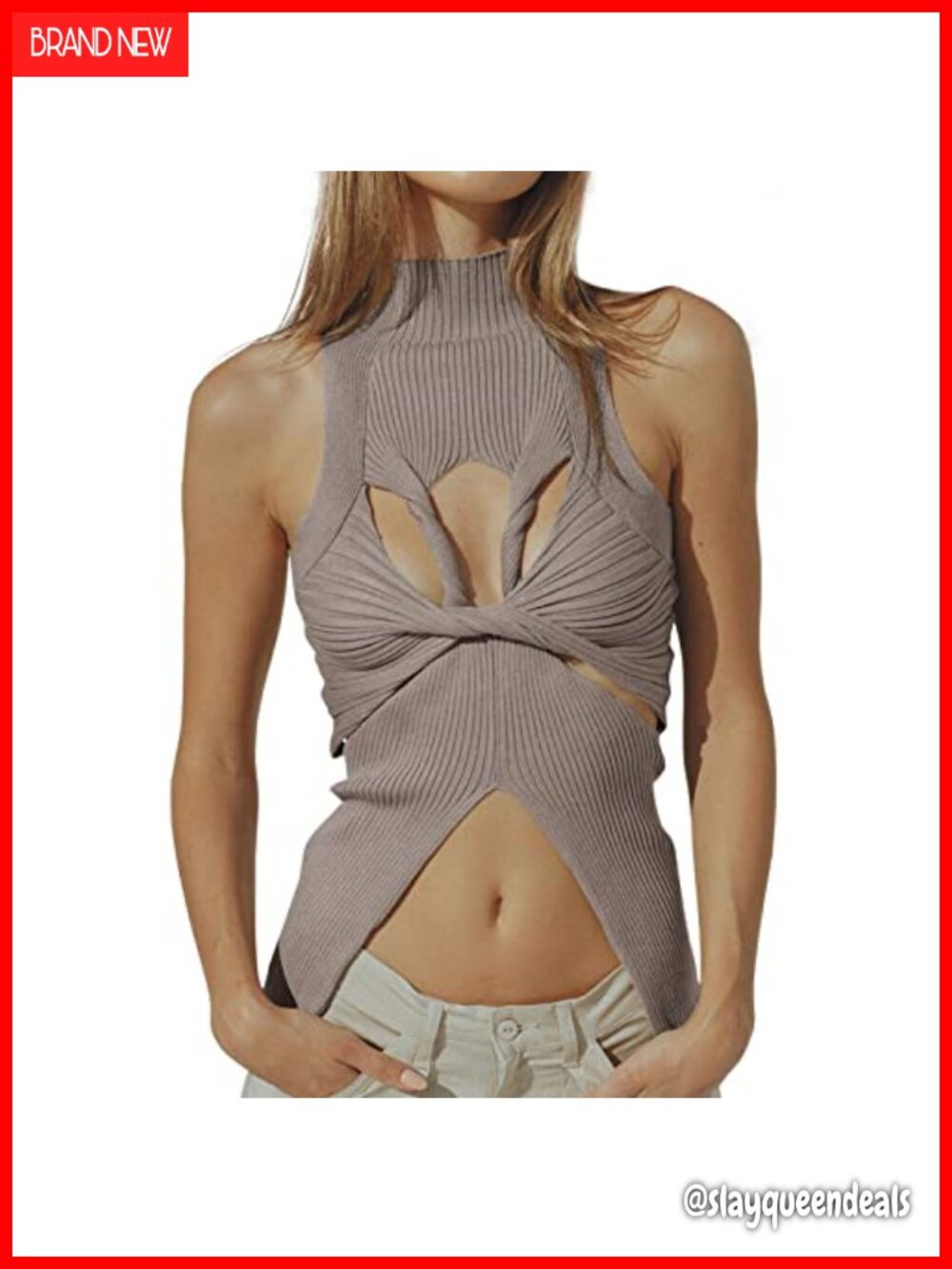 Hollow Out Twist Front Knit Tank Top Sleeveless High Neck Crop Top